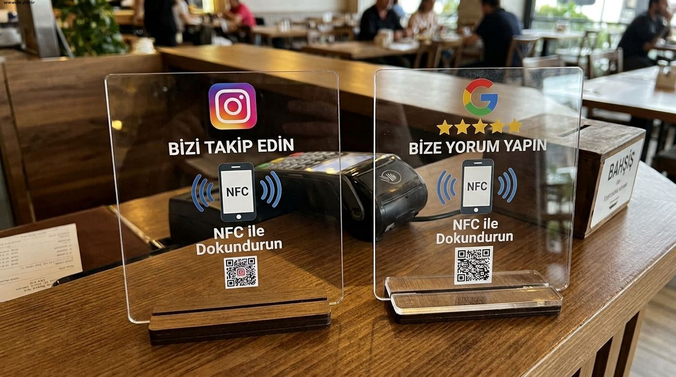 Ahşap tezgâh üzerinde, NFC ve QR ile çalışan iki akrilik stant: Instagram için "Bizi takip edin", Google için "Bize yorum yapın"